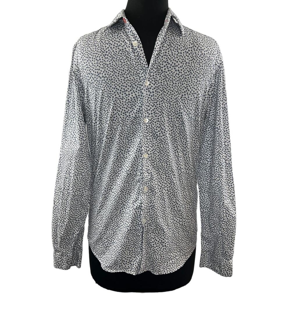 PAUL SMITH White Blue Shirt Floral Cotton Tailored Fit Collar Button-Up Small S